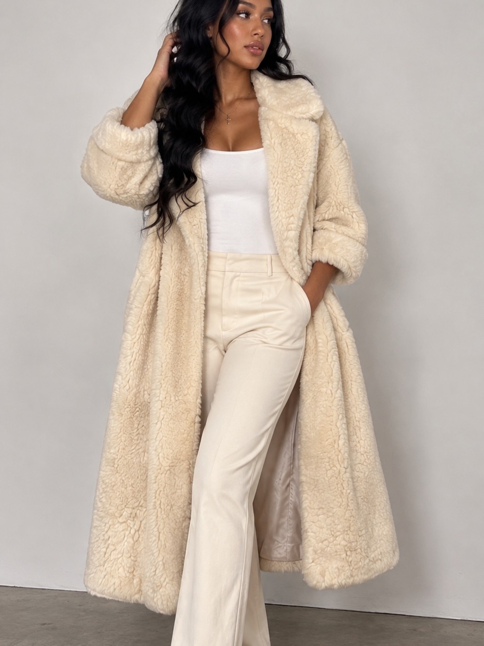 Long Cream Teddy Shearling Coat for Women